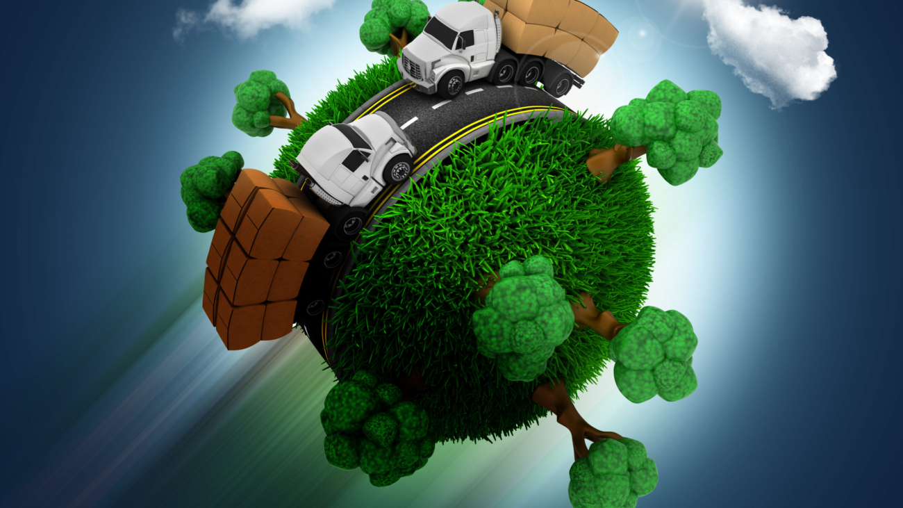 3D render of a grassy globe with trucks and trees zooming through a blue sky background