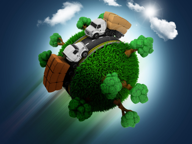 3D render of a grassy globe with trucks and trees zooming through a blue sky background